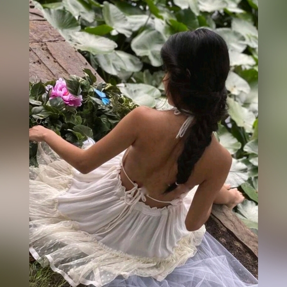 NEW Strappy Plunge Halter Dot Ruffle Mini Dress Off White Cream Ivory - Picture 8 of 13